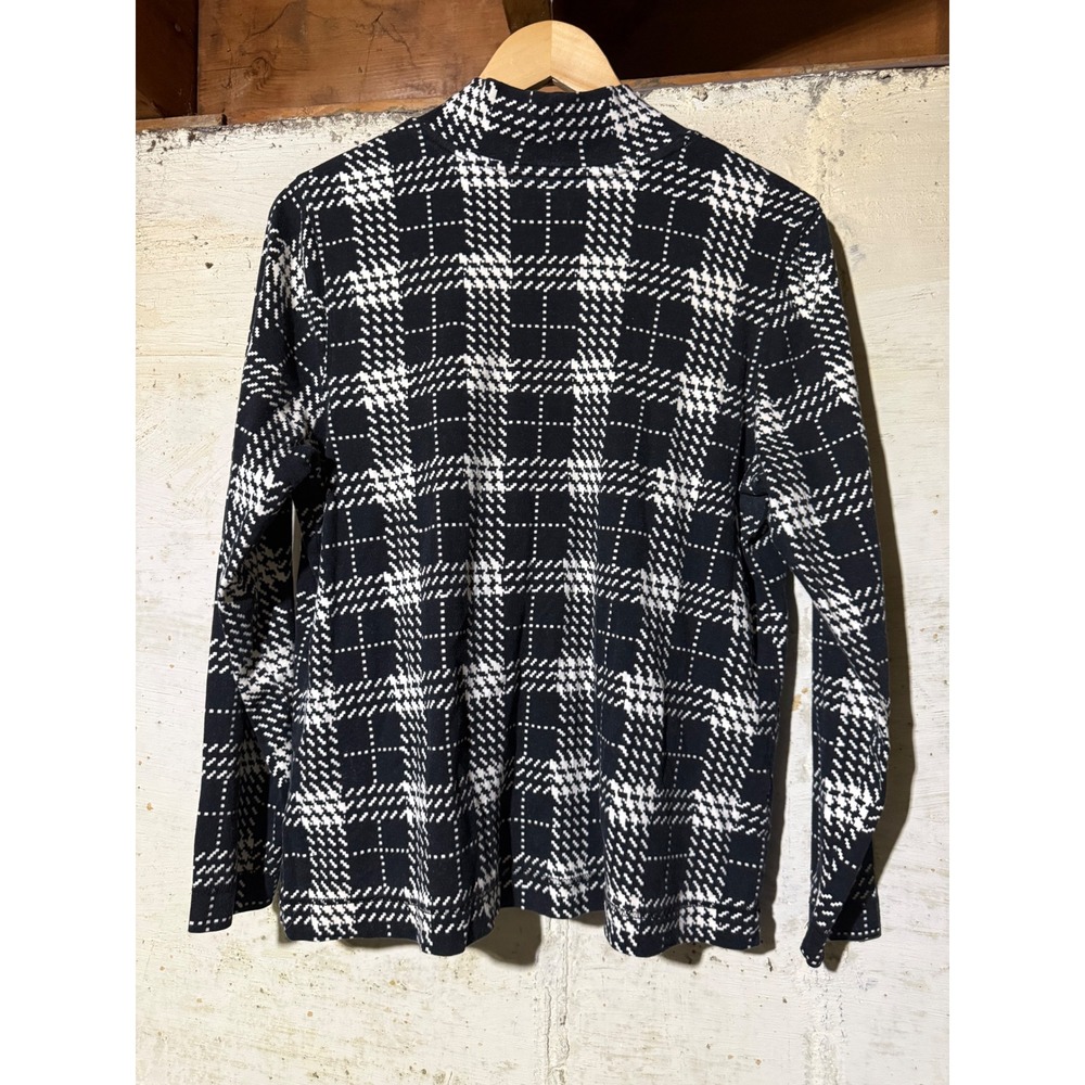 Westbound Women 1X Plaid Mock Neck Top Black White Cotton Knit Long Sleeve Shirt